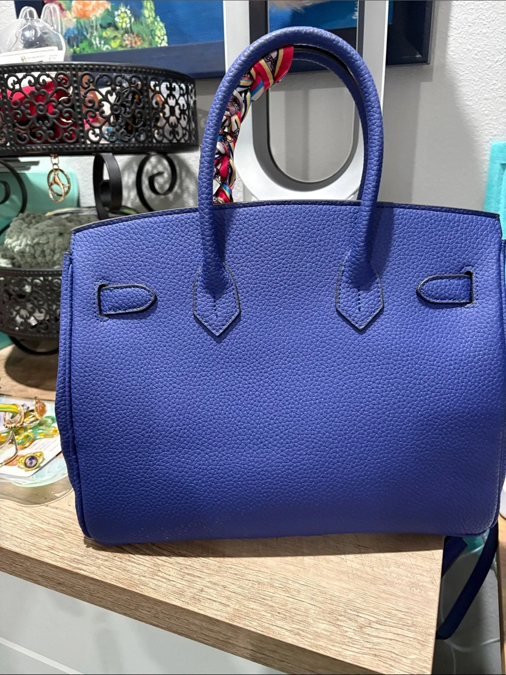 Royal Blue Structured Leather Satchel with Scarf Accent 30 cm size